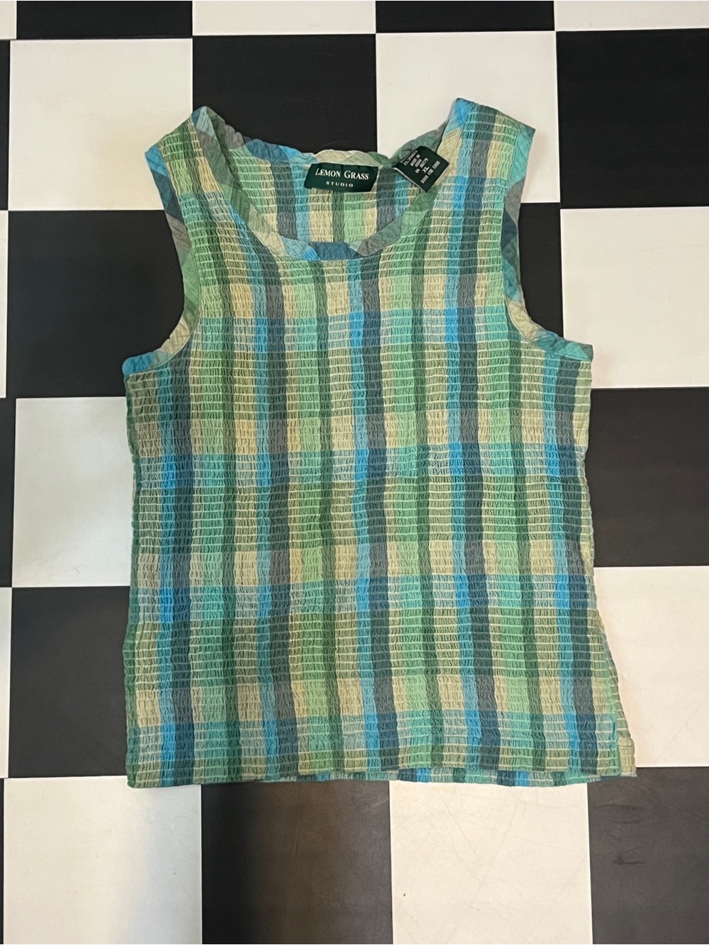 Vintage Lemon Grass Sleeveless Plaid Tank - Green Blue Cream
